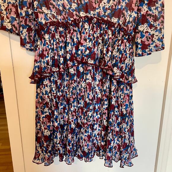NWT Ganni Pleated Georgette Mini Dress Multi-Color Flounce V-Neck NEW sz 36 - Picture 13 of 16